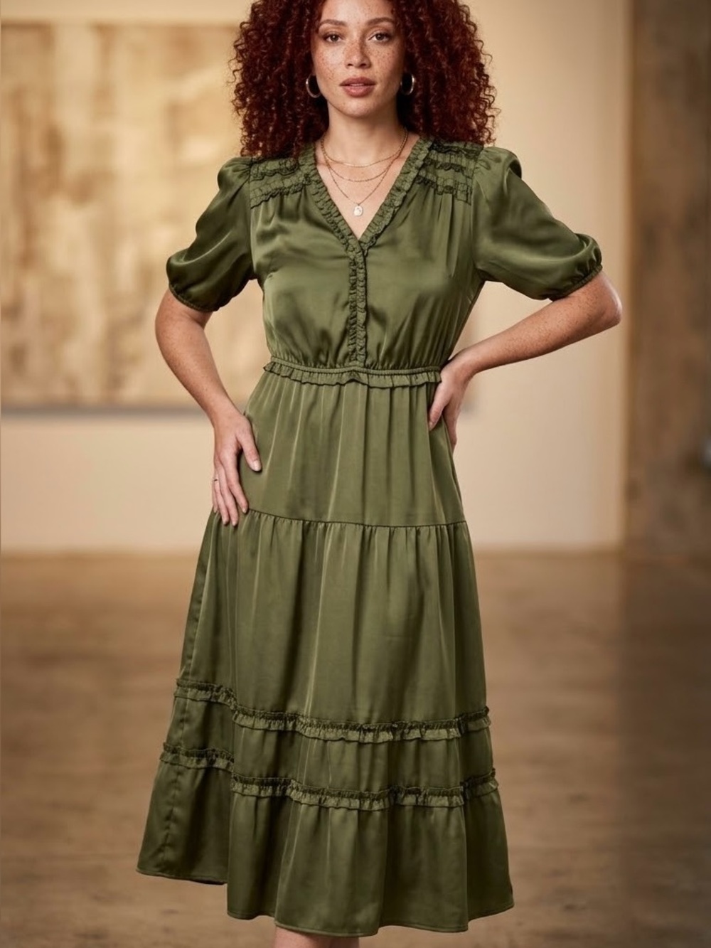 Nanette Lepore Olive Green V-Neck Tiered Midi Dress